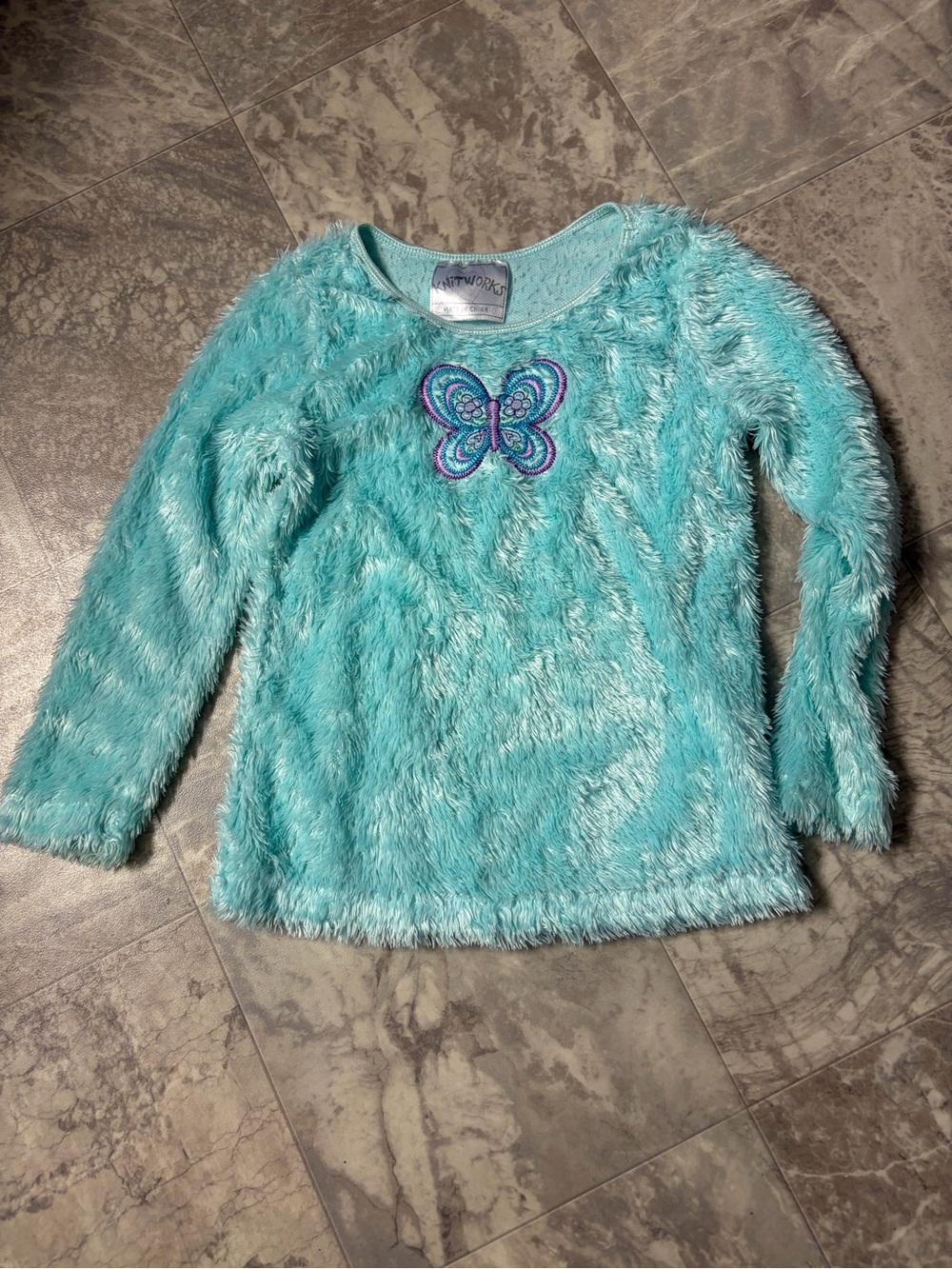 Knit Works Girls' Turquoise Faux-Fur Butterfly Pullover